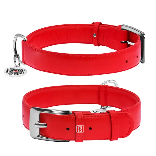 Ошейник для собак кожаный Waudog Glamour с QR-паспортом без украшений XL Ш 35 мм Д 46-60 см красный