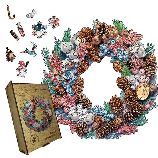 Пазл деревянный Праздничный Венок, А1, 500+ элементов, Картонная коробка