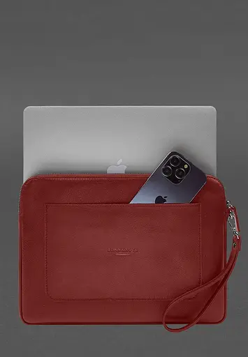 Кожаный чехол BlankNote для ноутбука на молнии с карманом и петлей на руку Красный - фото 2