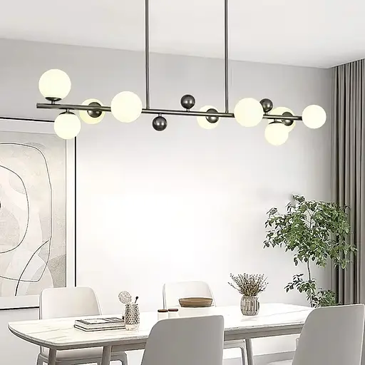 Удлиненная люстра с 9 белыми плафонами длиной 115 см | Ст. MJ 295L/9L BK+WT | Line F - фото 1