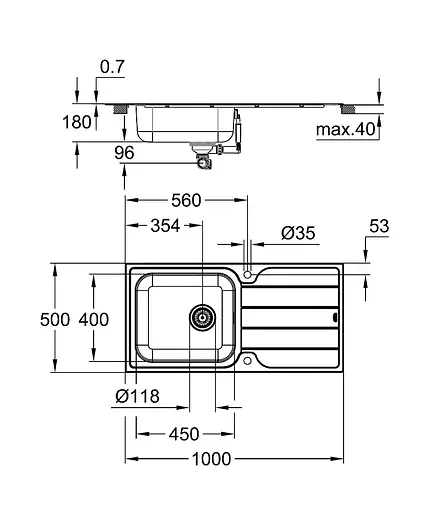 Кухонная мойка Grohe 1000 x 500 мм с эксцентриком, 1 чаша, матовая 31563SD1, Нержавеющая сталь - фото 3
