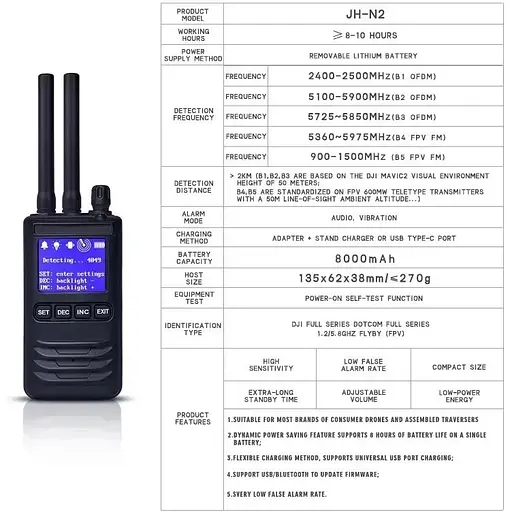 Детектор дронів Nectronix портативний до 2х кілометрів, детектор дронів 900-1.5G/2.4G/5.1G-5.9G JH-N2 - фото 7