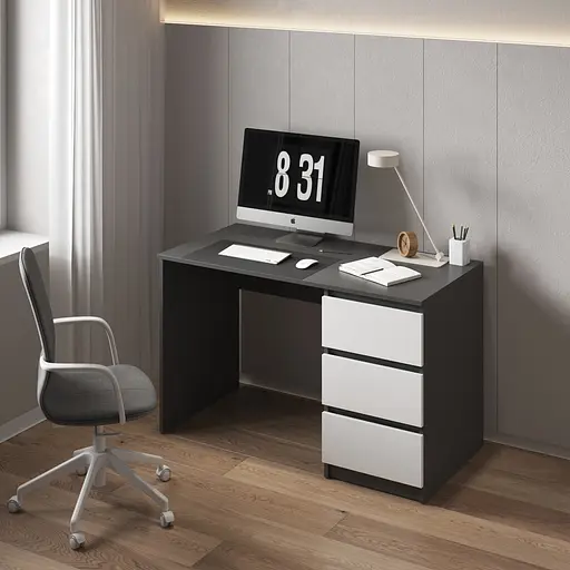 Комп'ютерний стіл Vays, письмовий, сучасний, з тумбою справа, 3 шухляды з фасадами без ручок R-1 Антрацит-Білий фасад