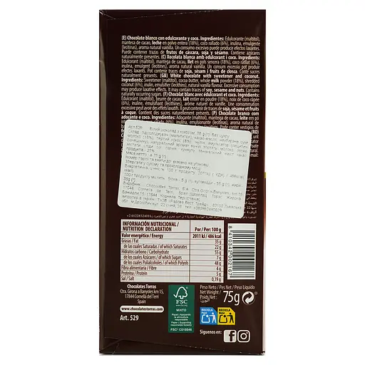 Шоколад белый Torras с кокосом без сахара 75 г - фото 3