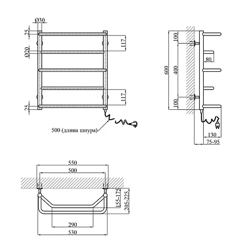 Полотенцесушитель электрический Kroner Микс ДМ03ER 600x500/5 ER CV014721, Хром, Правое - фото 2