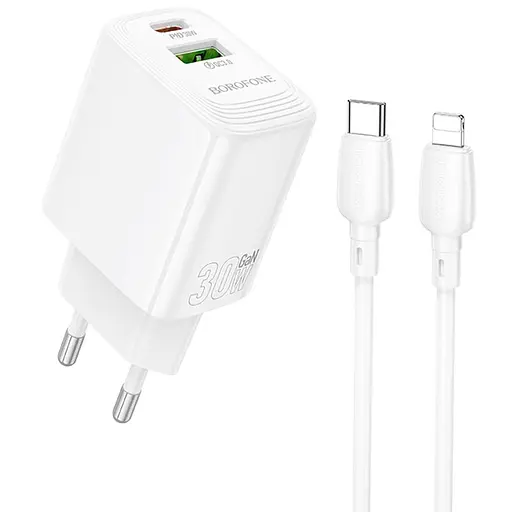 МЗП Borofone BN29 Fuente PD30W+QC3.0 (1USB-A/1C) + кабель Type-C to Lightning White