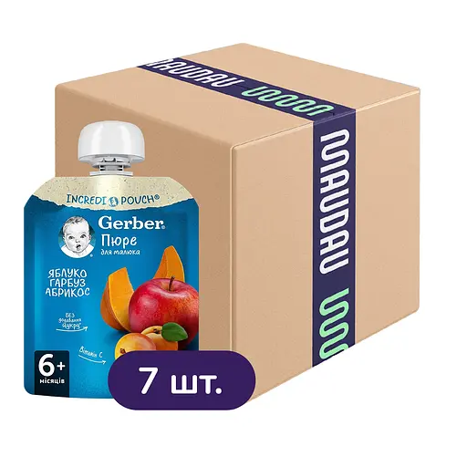 Пюре Gerber Pouch Яблоко с тыквой и абрикосом  630 г (7 шт. х 90 г) - фото 1