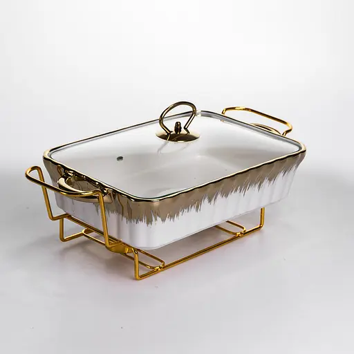 Марміт настільний прямокутний Yiwu з підігрівом 35.5х19х15.5 см керамічний на металевій підставці з кришкою мармітниця для перших страв ML525-13 - фото 1