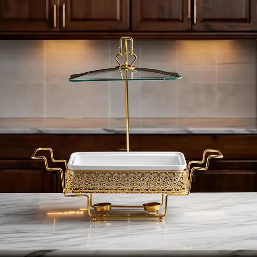 Мармітниця настільна порцелянова 3.5 літра марміт прямокутний на підставці Білий із золотом Yiwu YL-77