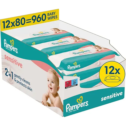 Дитячі вологі серветки Pampers Sensitive 960 шт. (12 упаковок x 80 шт.) - фото 1