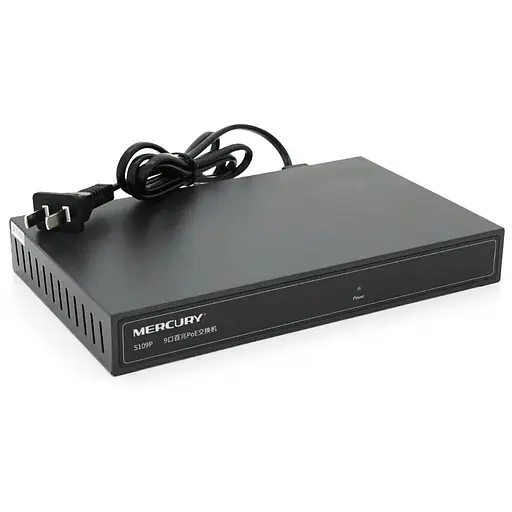 Коммутатор POE 48V Mercury S109P 8 портов POE + 1 порт Ethernet (Uplink) 10/100 Мбит/сек, БП в комплекте, BOX Q200 (285*223*68) 0,97 кг (216*131*30)