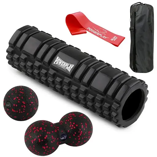 Набір для масажу та йоги PowerPlay PP_4097 (Ролик 30*10 + 2-ва мячі) Black + гумка 11 кг (PP_4097_Black) - фото 1