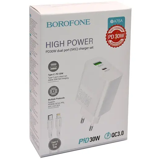 Сетевое зарядное устройство для Borofone BA75A Powerfull блок и кабель Type-C to Lightning - фото 6