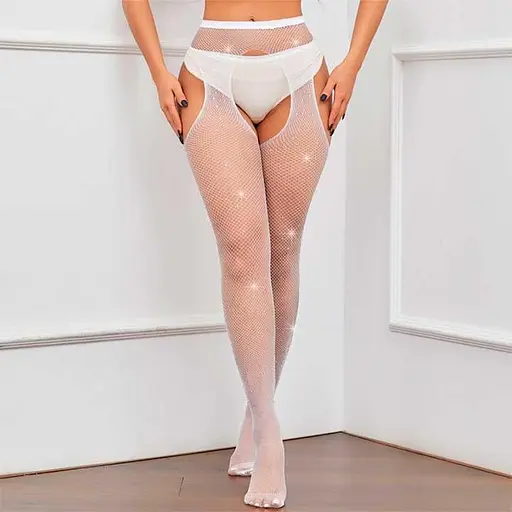 Колготки з вирізами та стразами еротичні блискучі Very Sexy One size білий - фото 4