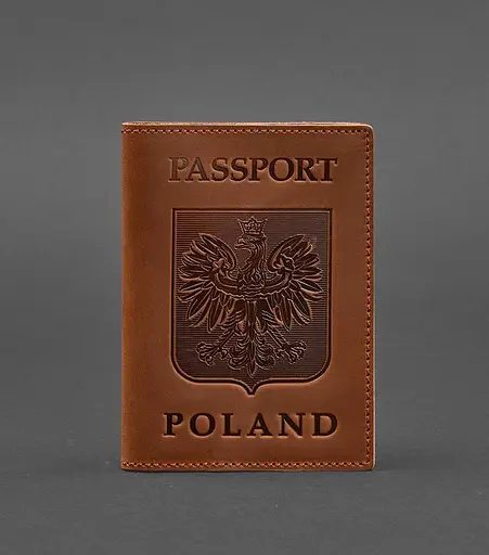 Кожаная обложка для паспорта с польским гербом светло-коричневая Crazy Horse - фото 1