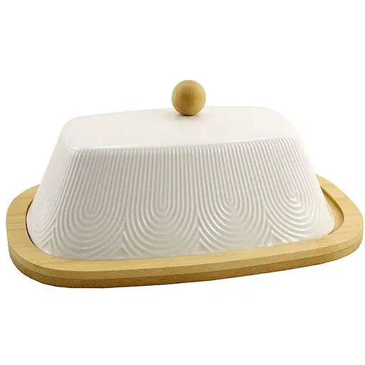 Масленка фарфоровая Interos с бамбуковой подставкой 20.8 см белая (PJ03449)