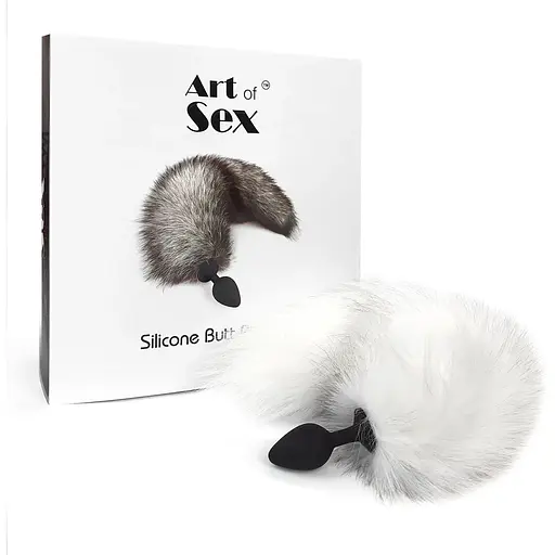 Силіконова анальна пробка Art of Sex з хвостом із натурального хутра Size M White fox - фото 5