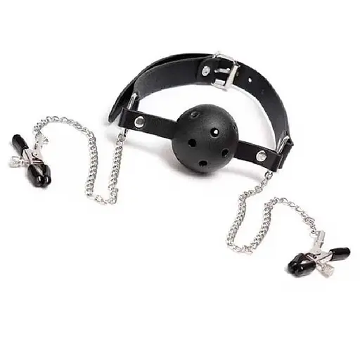 BDSM-аксессуар кляп с зажимами для сосков черный K000766 - фото 2