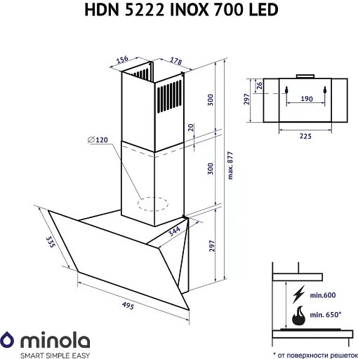 Вытяжка декоративная наклонная Minola HDN 5222 WH/INOX 700 LED - фото 12