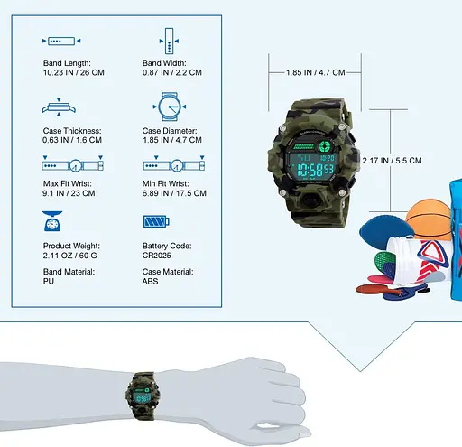 Детские цифровые часы BHGWR, спортивные часы для мальчиков с будильником/таймером/ударением - фото 4