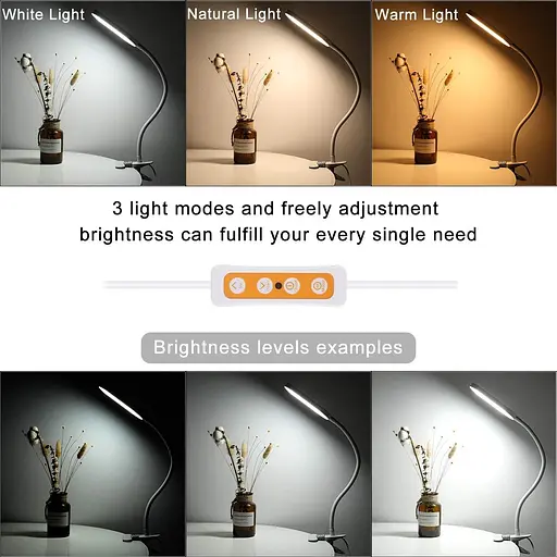 Гнучка світлодіодна лампа для читання регульоване затискне світло з 3 колірна температура регульована яскравість - фото 5