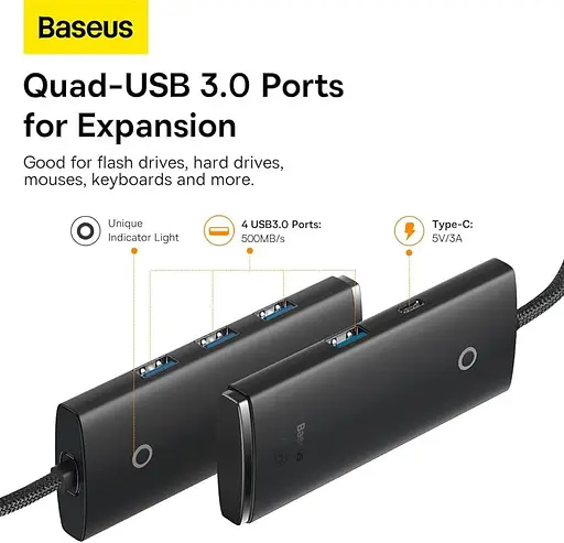 Конвертер хаб Usb Baseus 4-in-1 Lite Series 4-Port Usb-A to 4xUsb3.0 2 метра - фото 6