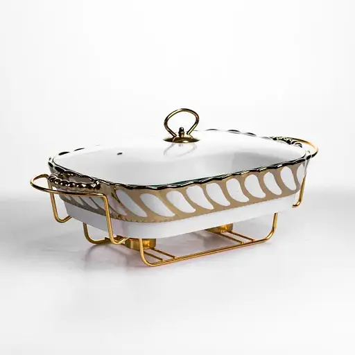 Мармитница фарфоровая Yiwu Tiffany 2 л со стеклянной крышкой на металлической подставке с подогревом 38х30х7 см мармит для первых блюд SG-428-15 - фото 2