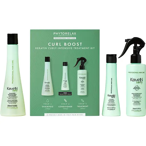 Набір Phytorelax Keratin Curly: згладжуючий шампунь 250 мл + згладжуючий спрей для формування локонів 200 мл + відновлюючий кондиціонер для локонів 100 мл
