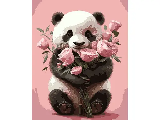Картина за номерами Strateg Панда з букетом троянд на чорному фоні (40х50 см) - фото 1