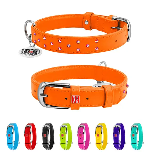 Ошейник для собак кожаный Waudog Glamour с QR-паспортом с клеевыми стразами Ш 20 мм Д 30-39 см оранжевый - фото 2