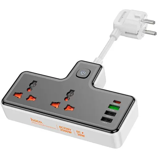 Мережевий фільтр HOCO AC12A на 2 розетки + 3 USB + USB-C, 30W, кабель 1 м, 220В, Black, Box