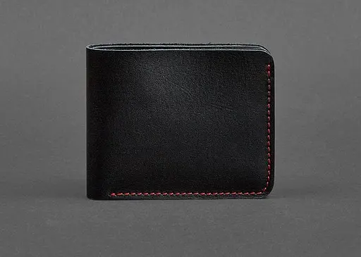 Кожаное портмоне 4.1 (4 кармана) черное с красной нитью - фото 1