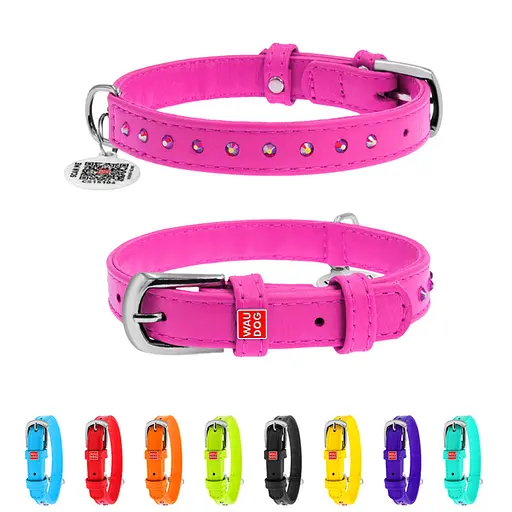 Нашийник для собак шкіряний Waudog Glamour з QR-паспортом з клейовими стразами Ш 15 мм Д 27-36 см рожевий - фото 2