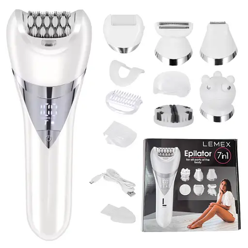 Эпилятор LEMEX PROFESSIONAL LADY CARE 7 IN 1 Пемза, Массажер, Бритва, депилятор беспроводной с 7 насадками, влажная эпиляция, 5Вт IPX6 White