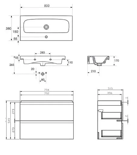 Тумба для ванної кімнати Cersanit Cet В06 з умивальником Cersanit Moduo Slim 80 см Білий UN509-044 30412 - фото 2