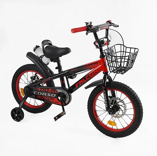 Велосипед 2-х колёсный Corso Falcon 16" FL-16360 стальная рама, дисковые тормоза, доп. колёса, звонок, корзина, собран на 85%, в коробке - фото 1