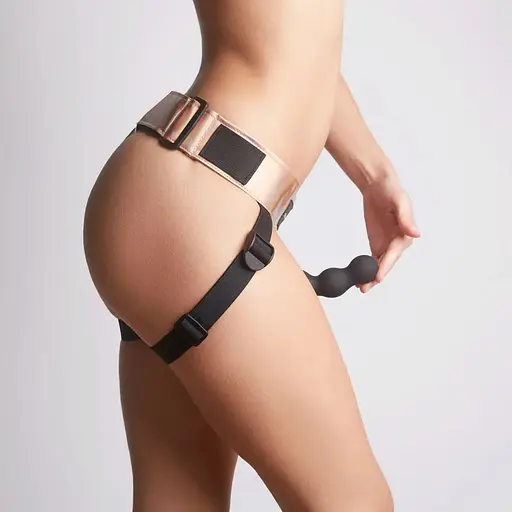 Труси для страпона Strap-On-Me Leatherette Harness Curious Holographic Rose Gold - фото 5