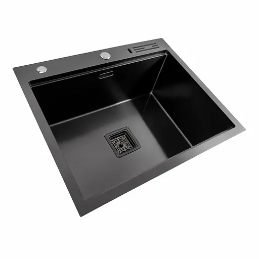 Кухонная мойка 60x50 PVD черная Platinum Handmade с подставкой для ножей, Черный - фото 3