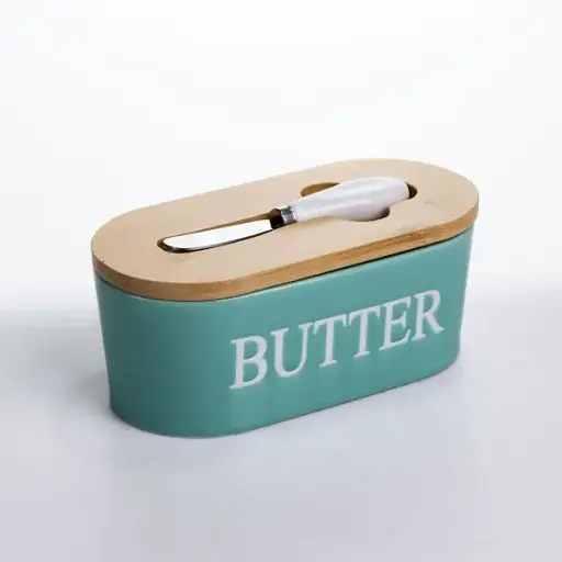 Маслянка порцелянова Yiwu з бамбуковою кришкою та ножем для масла бірюзовий CYT-G - фото 5