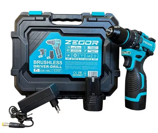 Шуруповерт аккумуляторный бесщеточный шуруповерт Zegor CDB-16BL/16В/45 Нм/две скорости/2 батареи 16 В 2 Ач/реверс/подсветка/кейс
 - фото 1