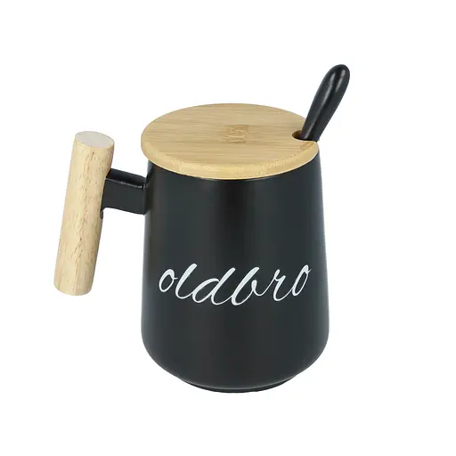 Кухоль керамічний OldBro для старого друга з дерев'яною ручкою кришкою та ложкою 480 мл black - фото 2