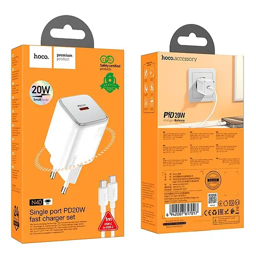Адаптер мережевий Hoco Mighty single port charger N40 (Type-C to Type-C set) |1Type-C, 20W/3A, PD/QC| - фото 2