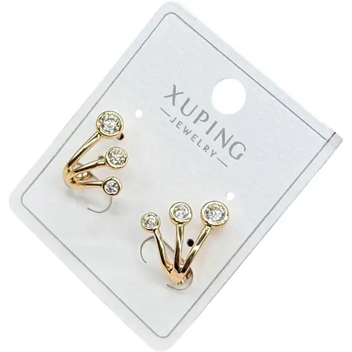 Сережки без проколу Xuping з трьома камінцями гіпоалергенне медичне золото - фото 1