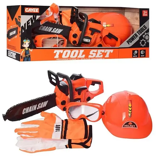 Дитячий ігровий набір інструментів Keyi бензопила, маска, рукавички, каска, на батарейках в коробці Помаранчевий - фото 4
