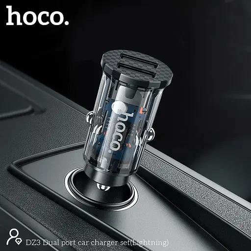 Адаптер автомобільний HOCO DZ3 2 USB car charger + кабель Lightning прозоро чорний - фото 8