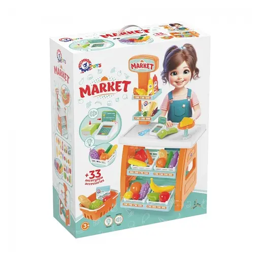 Ігровий дитячий набір "Маркет" ТехноК 0730TXK прилавок з полицями, кошик, різні продукти - фото 1