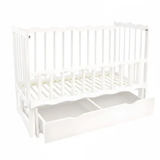 Детская кроватка Волна с маятниковым механизмом, выдвижным ящиком и откидной боковиной ольха белый