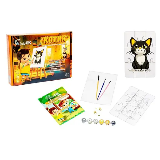 Деревянный пазл-раскраска А5 "Котик" PuzzleOK Puz-22938 кисточка, краски, клейкая пленка - фото 3