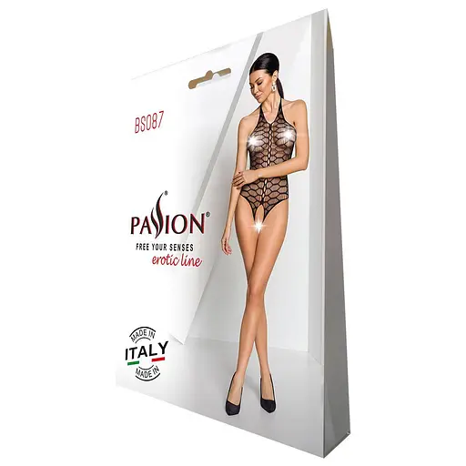 Бодістокінг у велику сітку Passion BS087 black відкрита спина халтер з доступом One size - фото 8