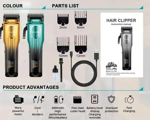 Аккумуляторная мужская машинка для стрижки волос Daling DL-0061 5Вт 2000 мАч ЖК дисплей зеленый/коричневый - фото 4